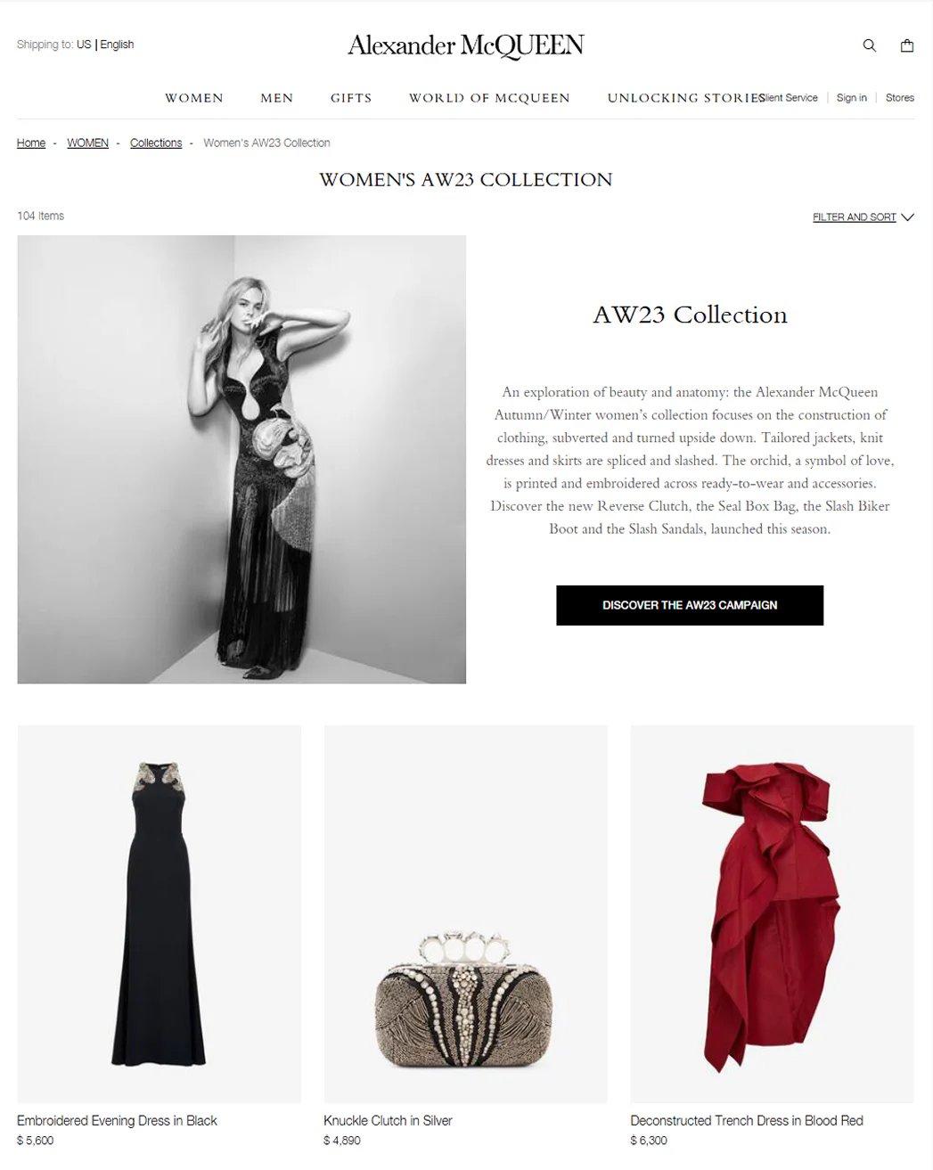 Alexander McQueen women's AW23 collection landing page