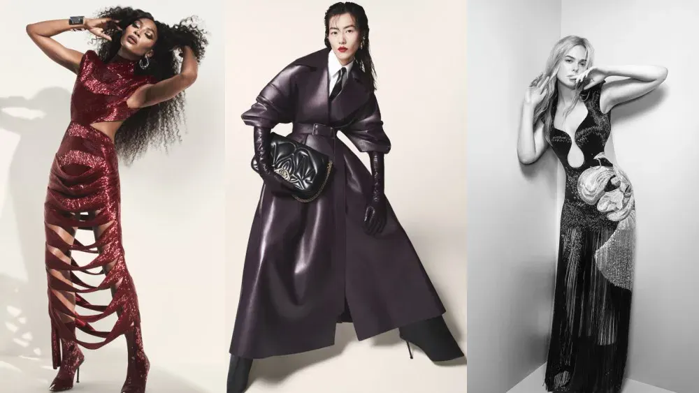 Alexander McQueen AW23 campaign photograph: three models side by side, in a red cut-out dress, a dark leather coat with a large bag, and, in a black-and-white frame, a fringed black gown with a cut-out bodice and a large orchid