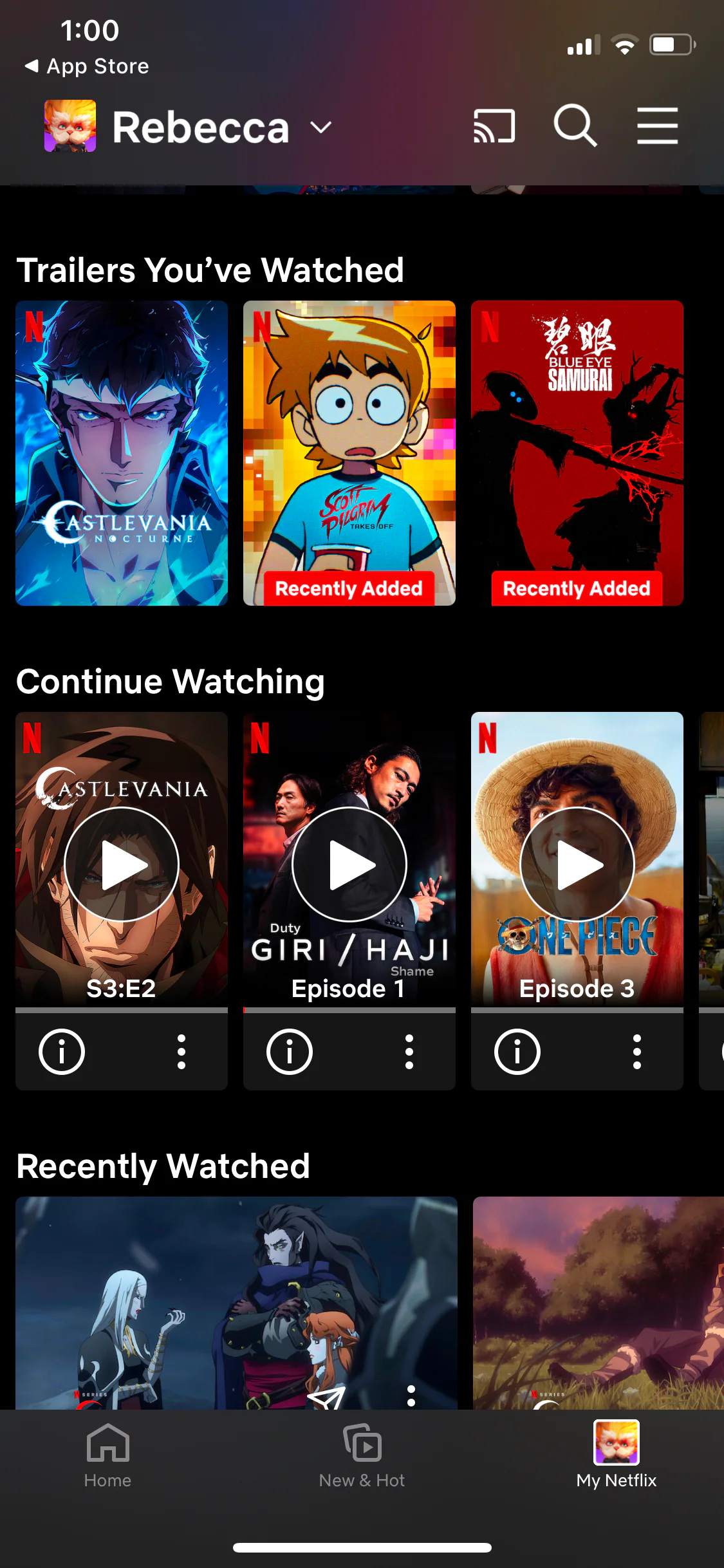 Screenshot of the Netflix mobile app at the time: the My Netflix tab for a profile named Rebecca, with rows for Trailers You've Watched, Continue Watching, and Recently Watched