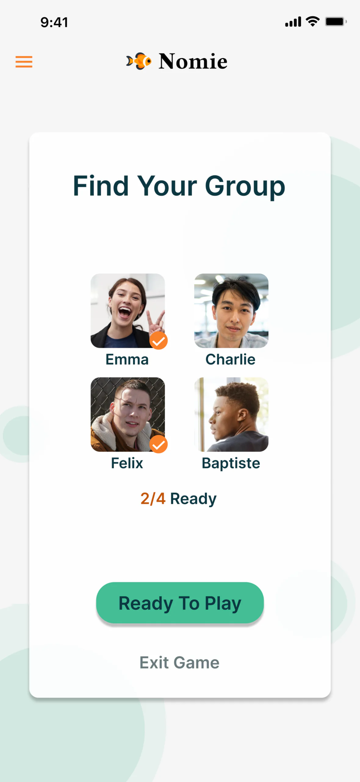 Find Your Group before testing: the title, four classmates' photos with 2/4 Ready, and an active Ready To Play button