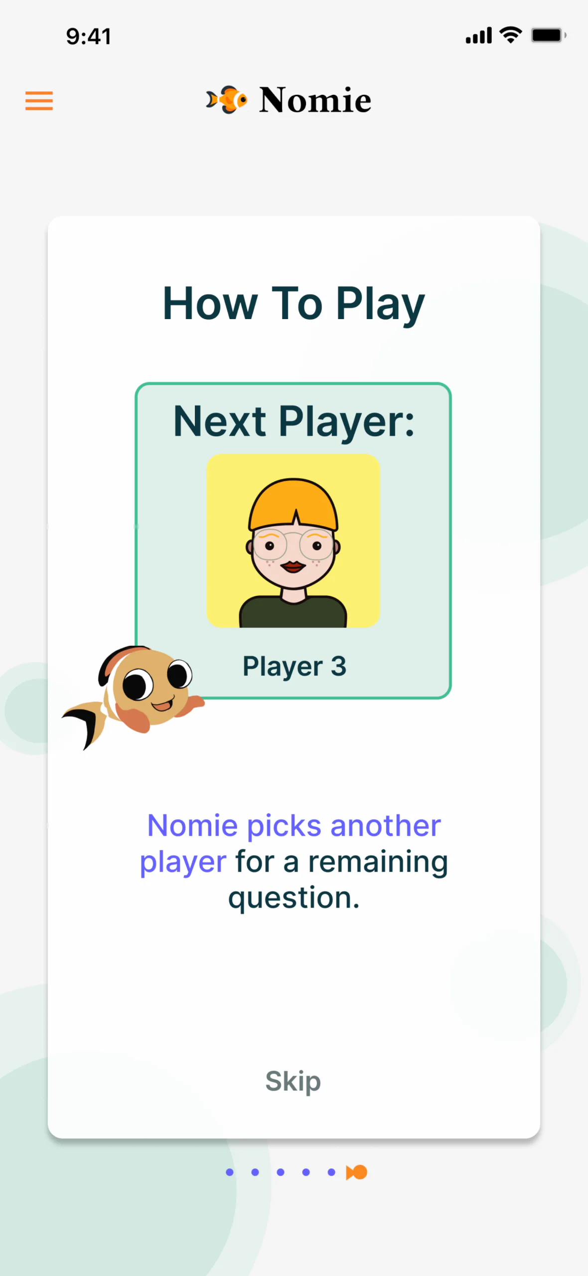 How To Play before testing: a Next Player card with a cartoon player with yellow hair and round glasses on a yellow square, above purple text saying Nomie picks another player for a remaining question