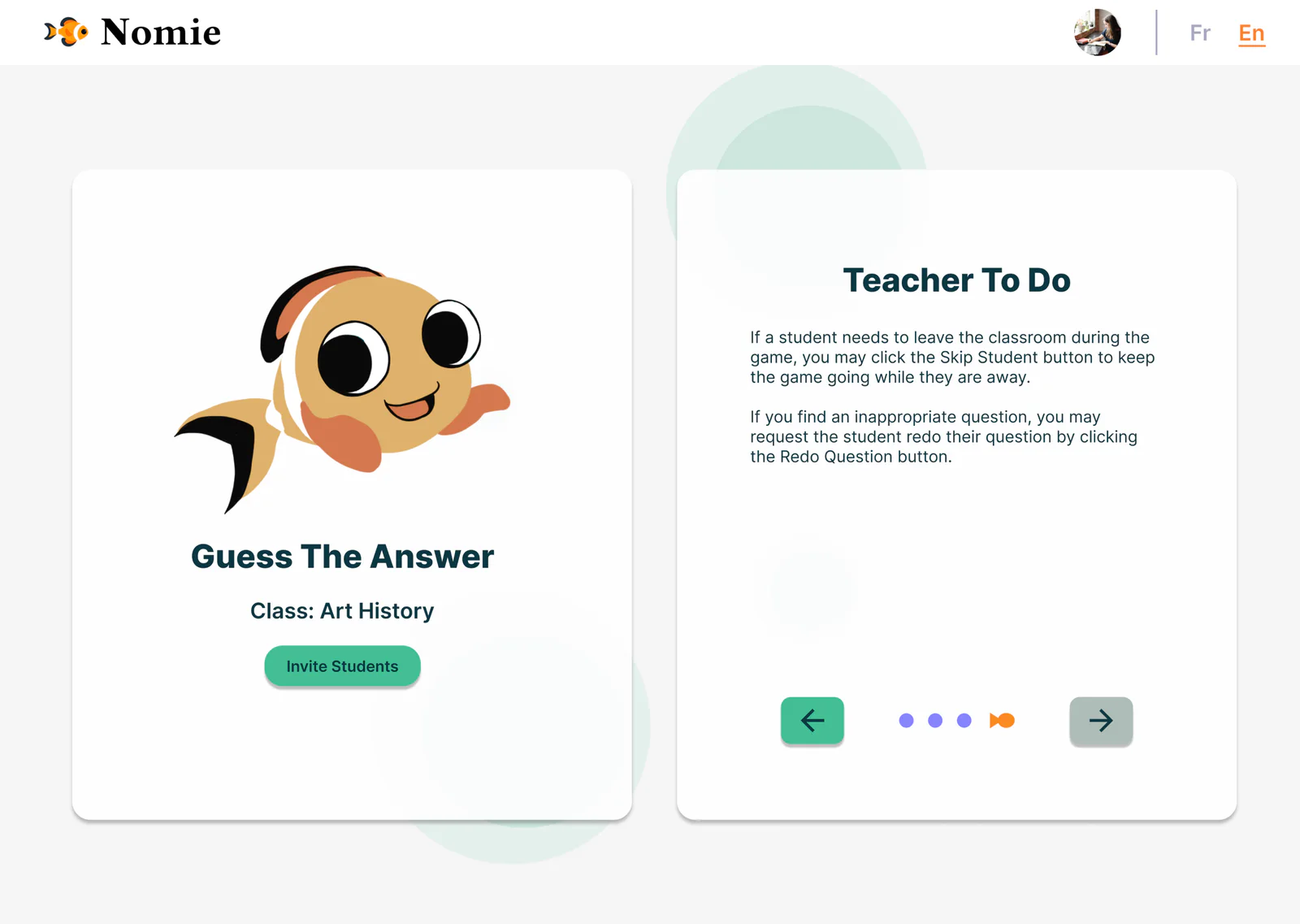The teacher's introduction after testing: the same cards, the Teacher To Do card now explaining the Skip Student and Redo Question buttons, with four page dots