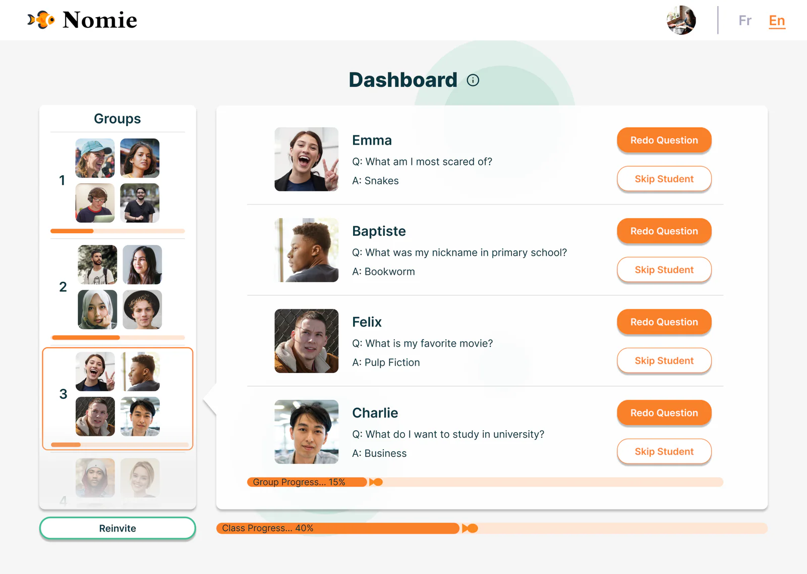 The teacher dashboard after testing: numbered group boxes on the left with a Reinvite button below, and the group's progress bar at 15 percent under the students, above the class progress bar