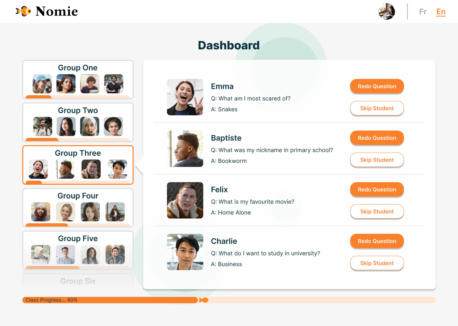 The teacher dashboard before testing: groups one to six listed down the left as cards, beside each student's question and answer with Redo Question and Skip Student buttons, above the class progress bar