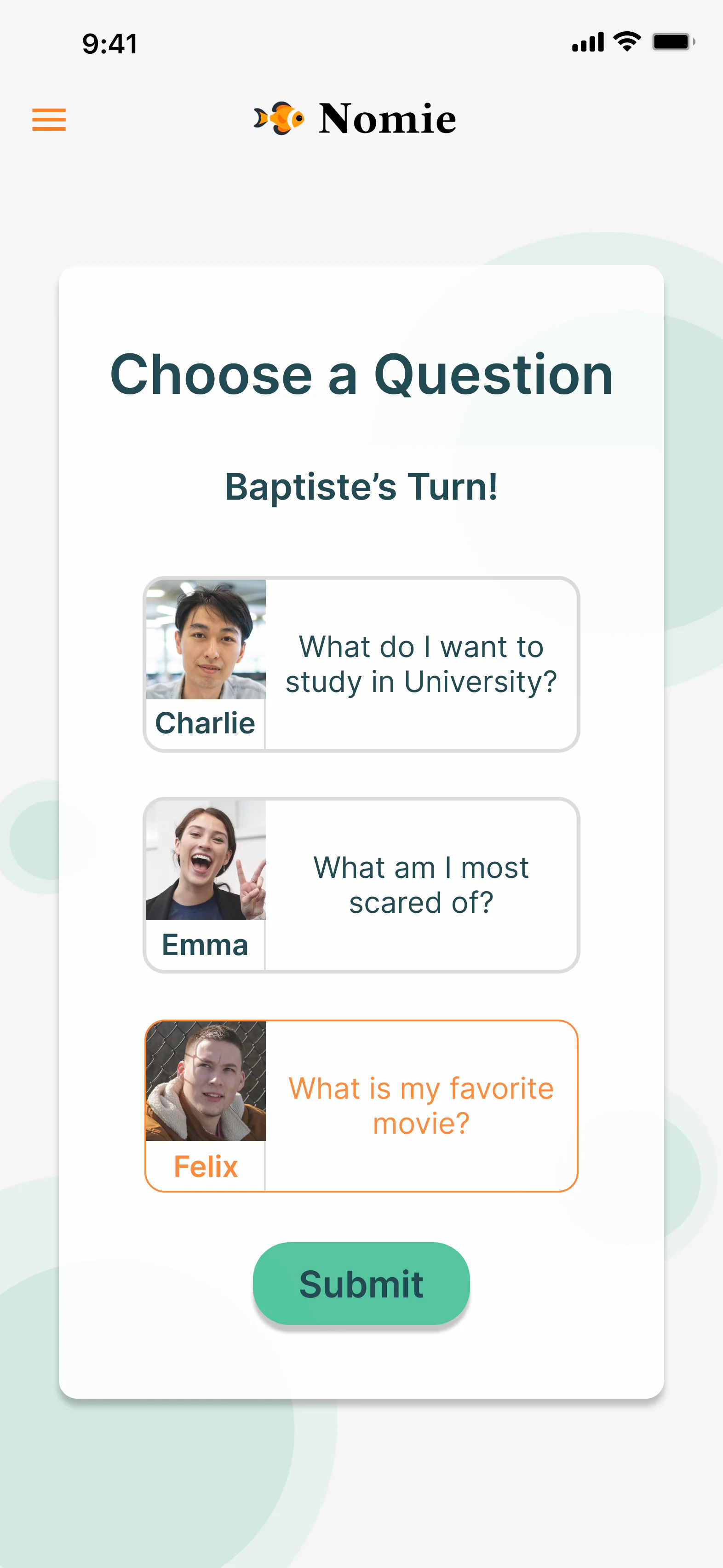 Redesigned Nomie game: choose a question, Baptiste's turn