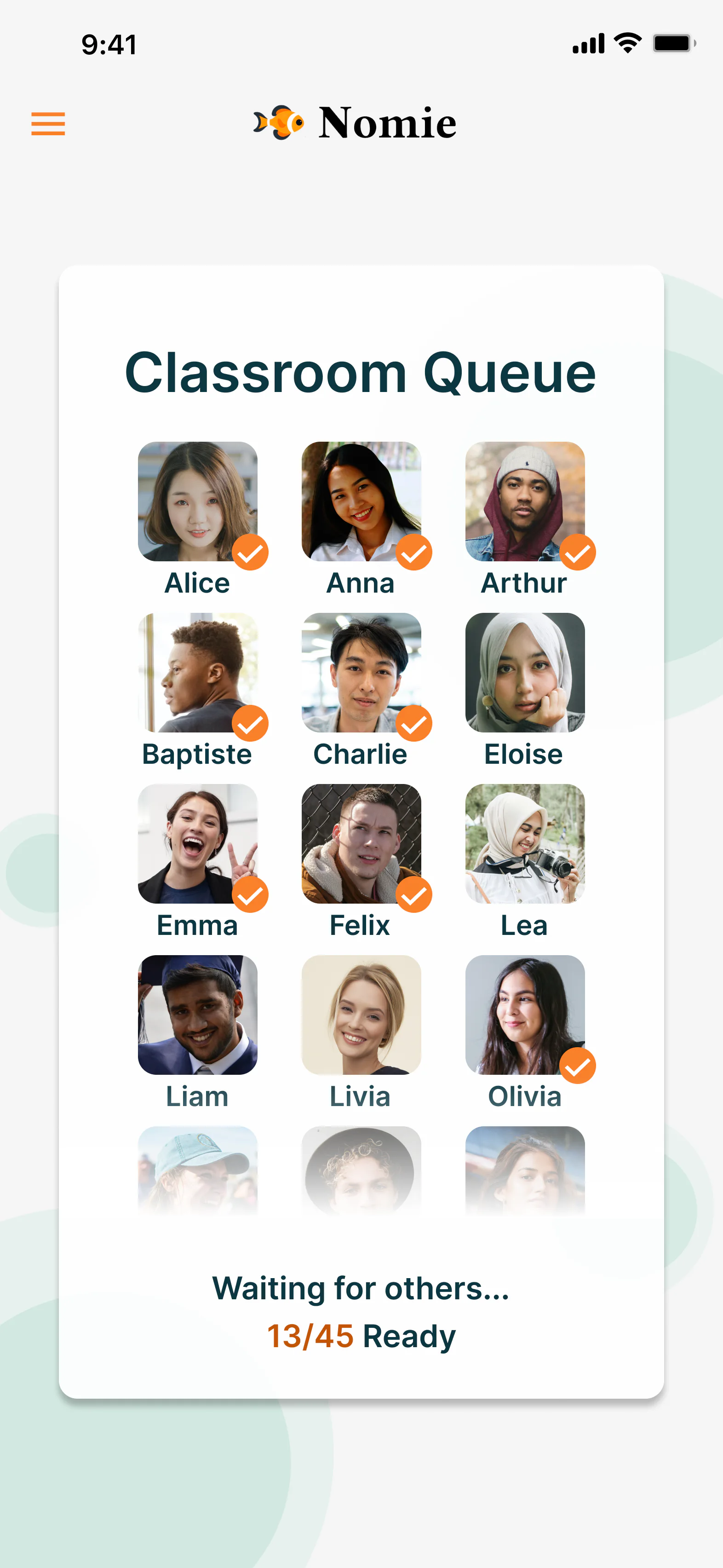 High-fidelity Classroom Queue screen: a grid of student portraits with orange check marks and 'Waiting for others... 13/45 Ready'