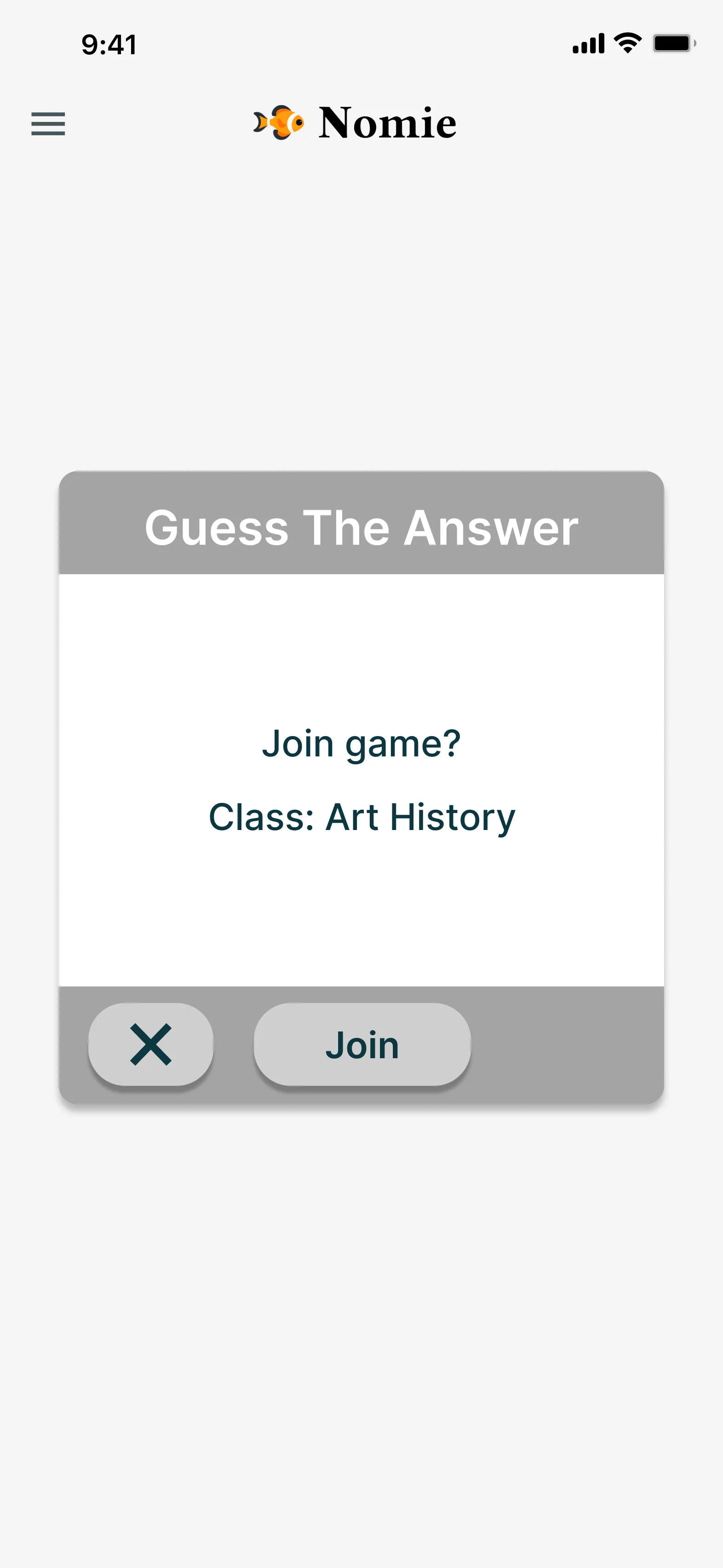 Greyscale phone wireframe with a Guess The Answer card asking 'Join game? Class: Art History', a close button and a Join button