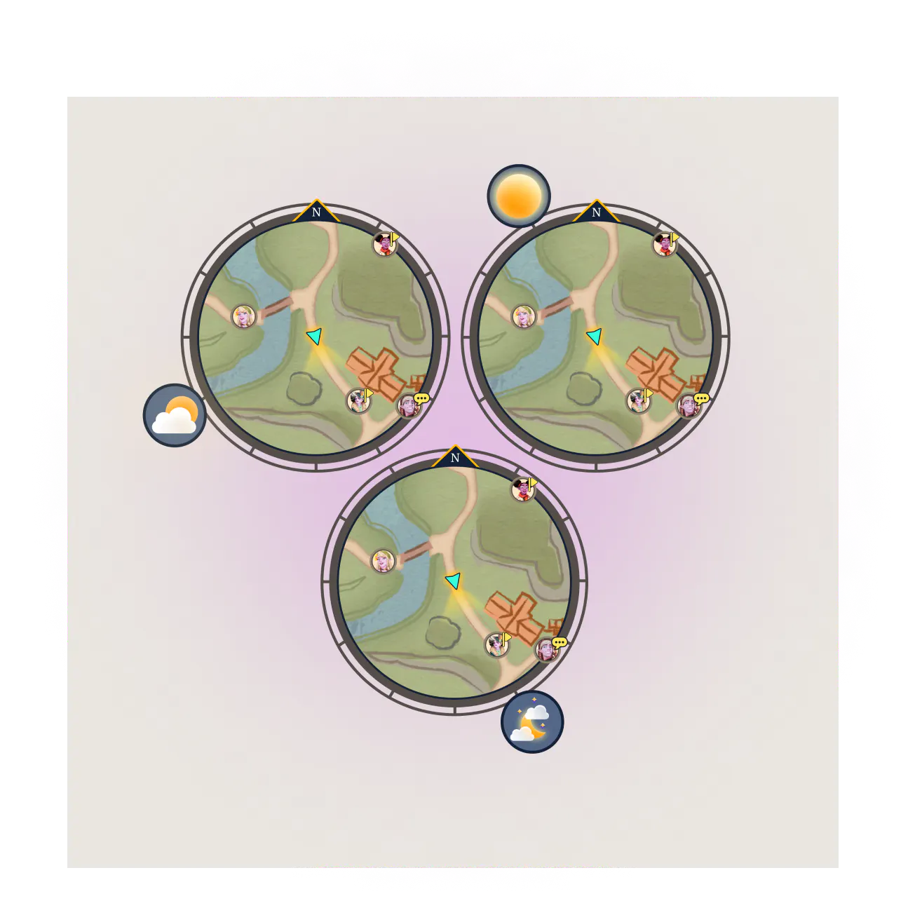 Three states of a circular minimap: dawn, day, and dusk