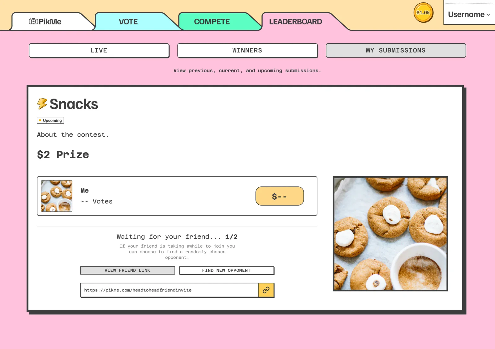 PikMe web contest page for Snacks with a $2 prize: a head-to-head entry waiting for a friend at 1/2, an invite link, and a photo of cookies
