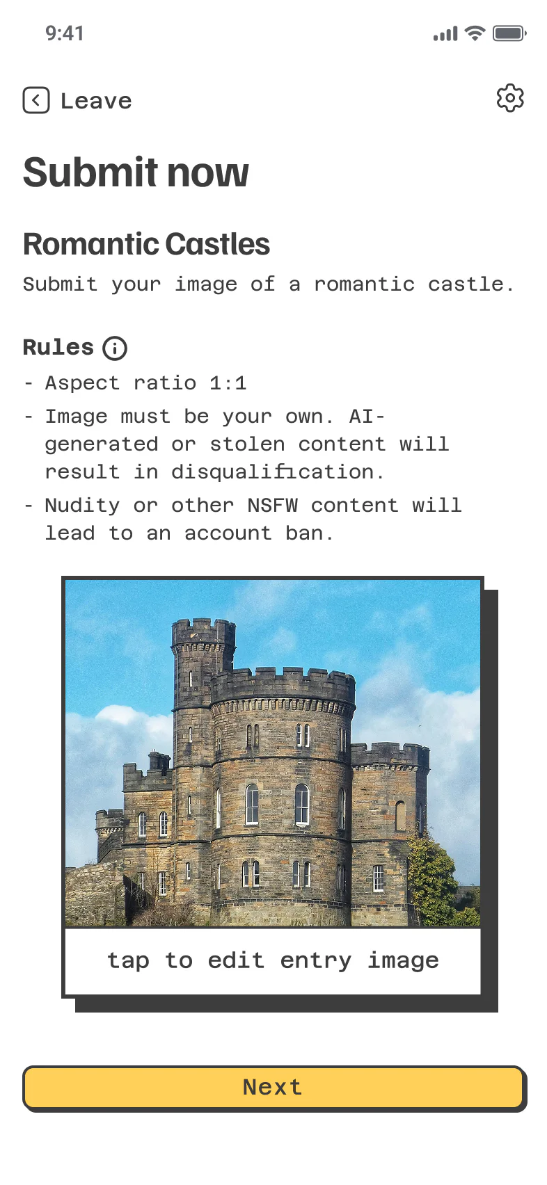 PikMe submit screen, round 1: a Romantic Castles contest with its rules listed in full above the entry photo, and a Next button
