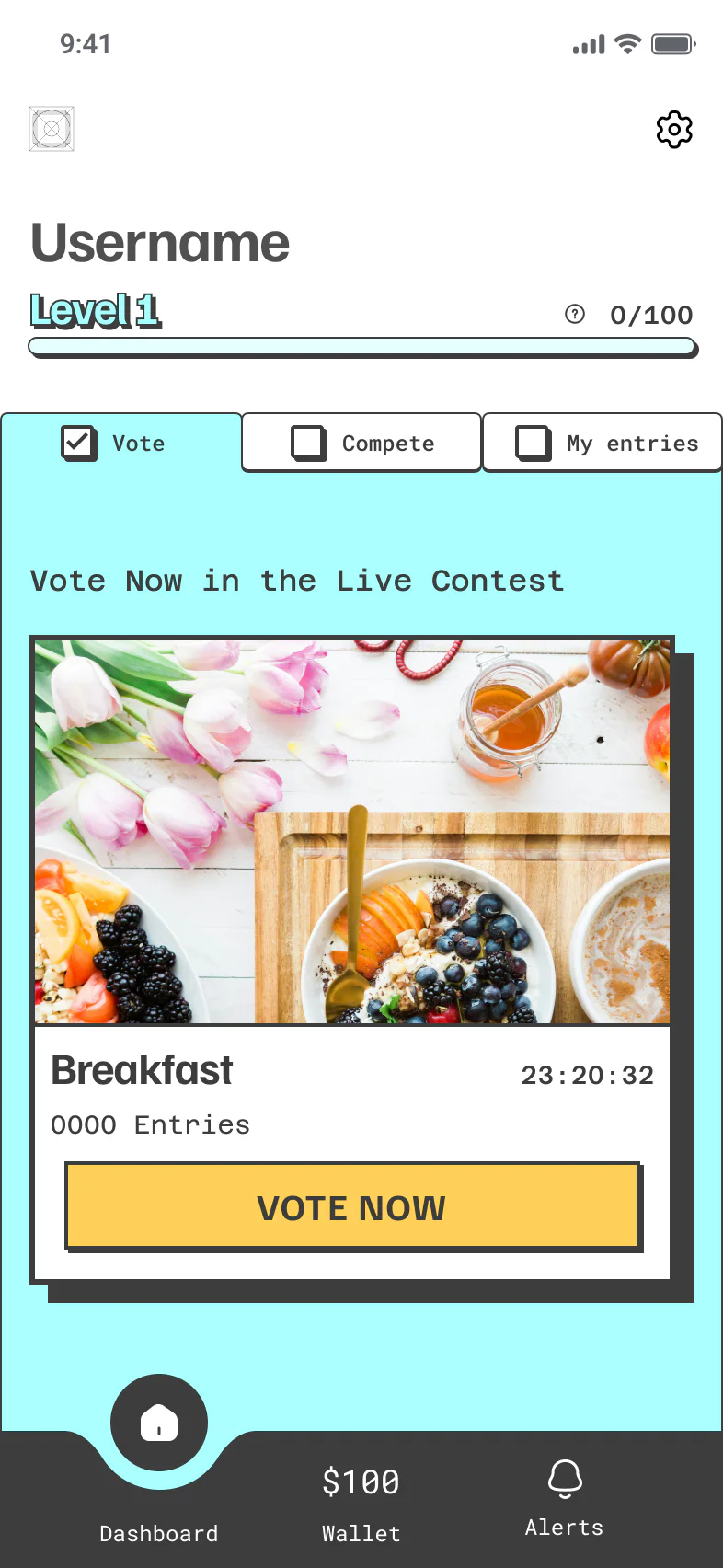 PikMe vote screen, round 1: a level bar, then tabs for Vote, Compete and My entries at the top, above a Breakfast contest card with a Vote Now button