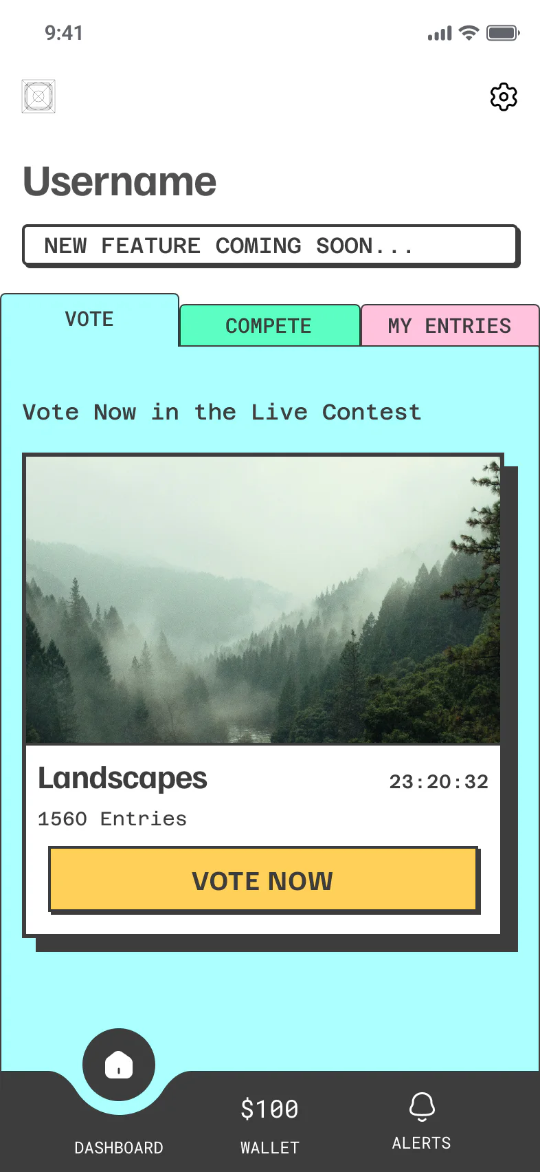 PikMe vote screen, round 2: a New feature coming soon banner, the Vote, Compete and My entries tabs, and a Landscapes contest card