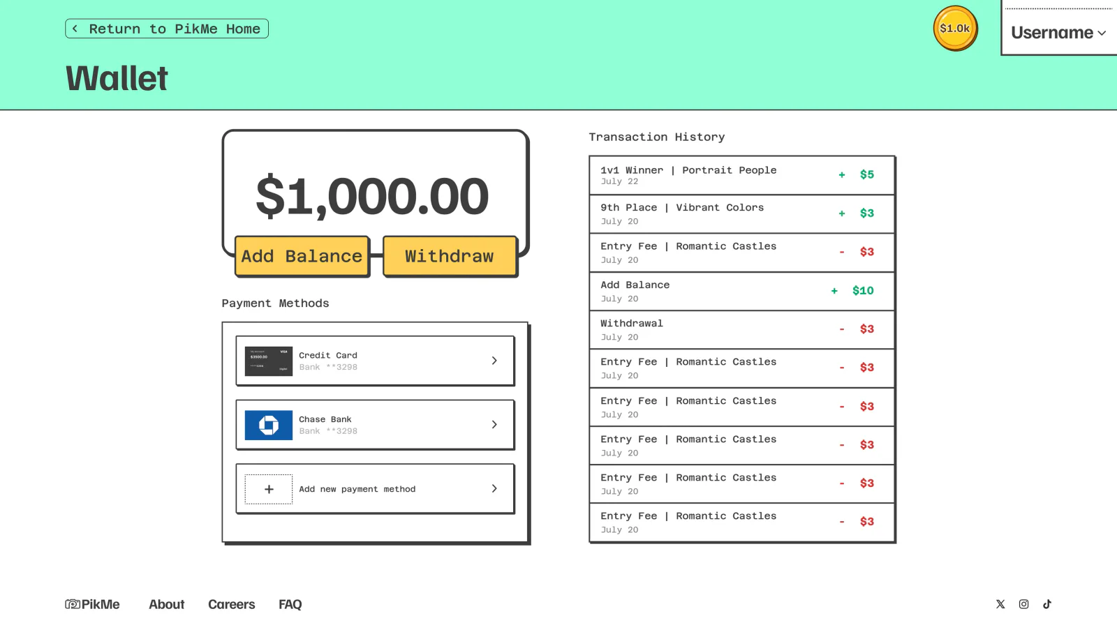 PikMe web wallet: a $1,000.00 balance with Add Balance and Withdraw buttons, saved payment methods and a transaction history of contest entries and winnings