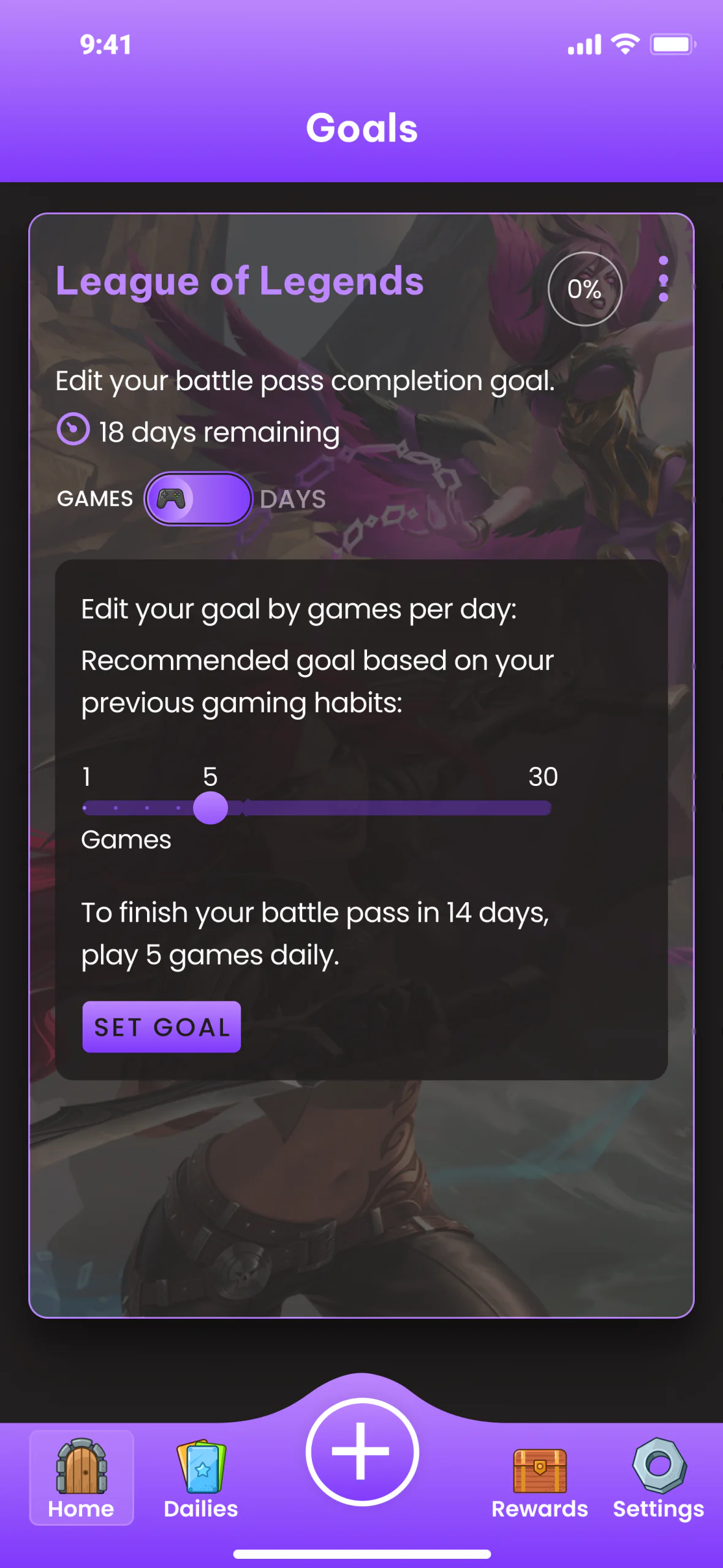 The League of Legends goal screen after the final adjustments: a bigger wheel, a Games and Days toggle, a recommended goal based on your previous gaming habits, and a slider from 1 to 30 games with one circle