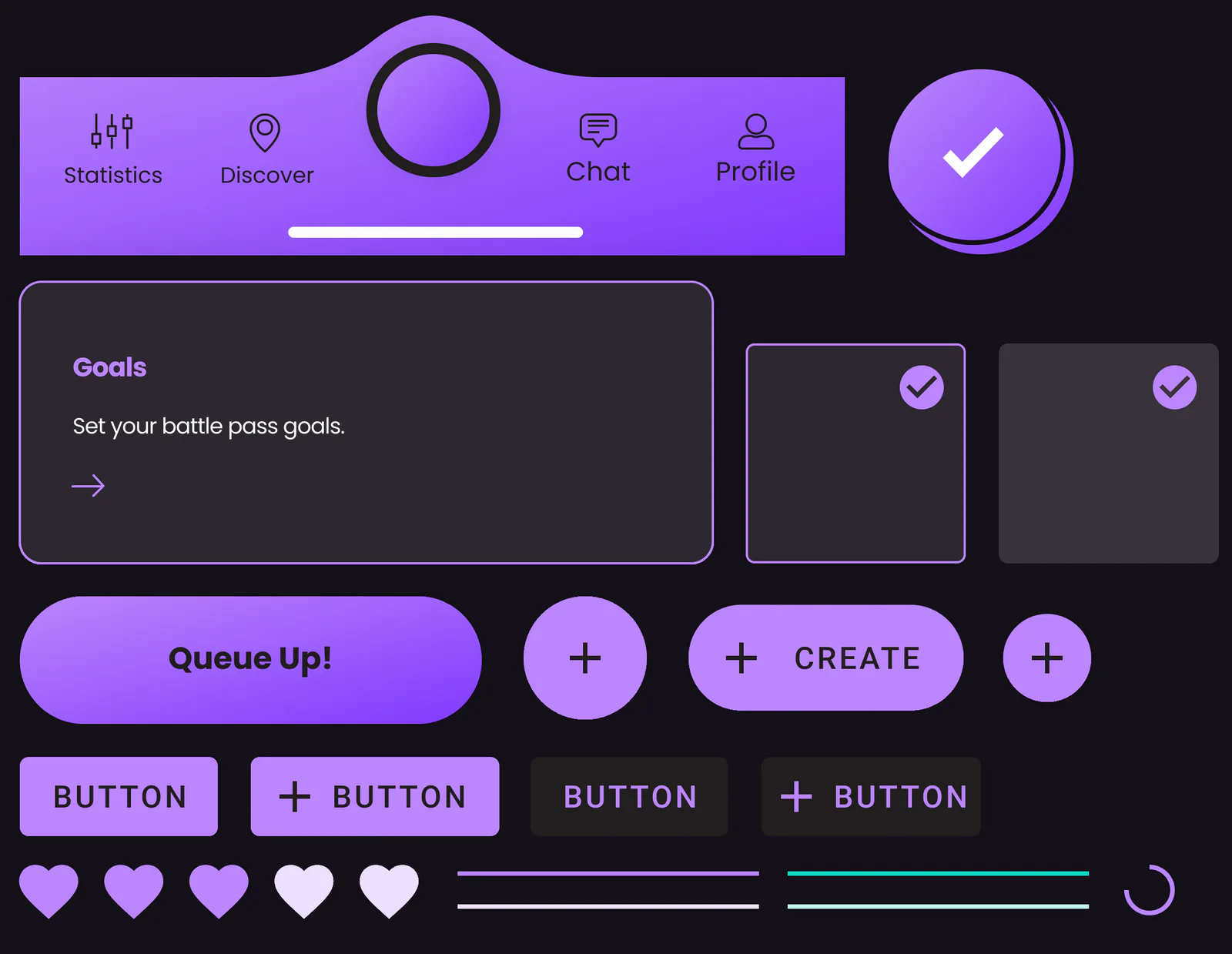 Queue Up's UI elements on a dark ground: a purple navigation bar with Statistics, Discover, Chat, and Profile around a raised centre button, a check button, a Goals card, Queue Up!, plus, and Create buttons, purple and dark buttons, hearts, purple and teal lines, and a spinner