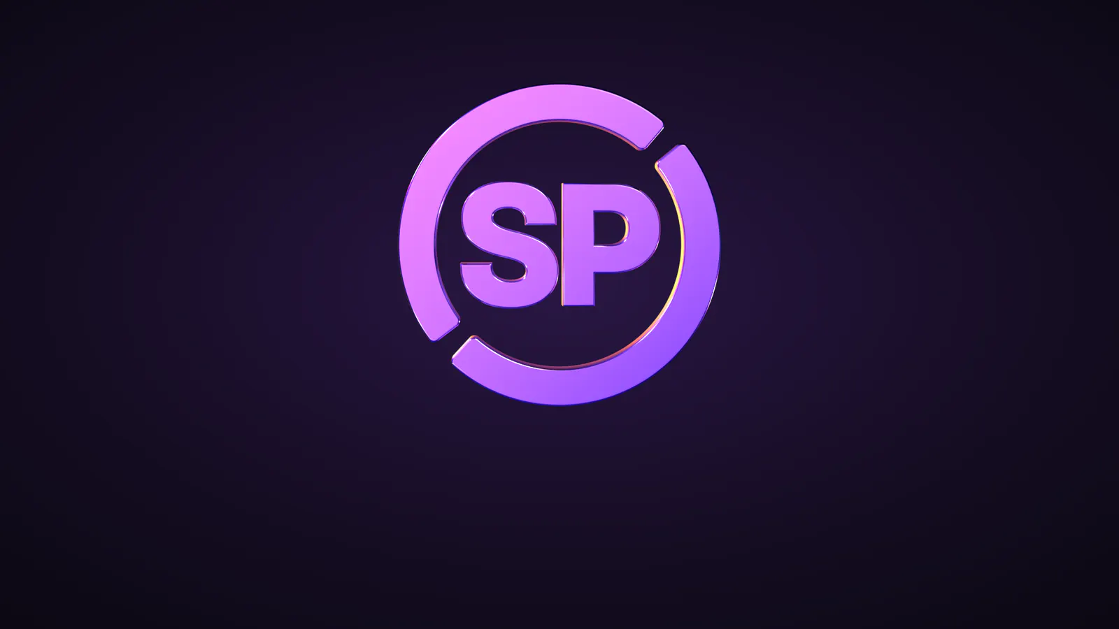 The SP mark rendered in 3D, pink-to-violet lacquer with chrome edges and a soft magenta rim light, alone on a dark ground