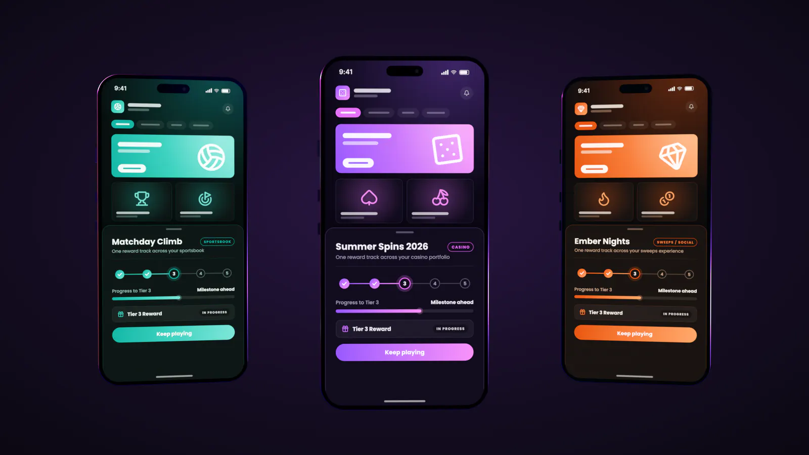 Three phones rendered in Blender, the same reward card dressed in three operators' themes: a teal sportsbook, a purple casino and an orange sweeps app
