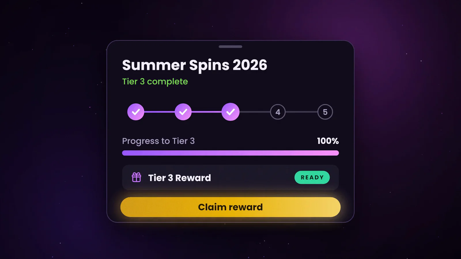 The Summer Spins 2026 card at 100 percent with a ready badge and a gold Claim reward button