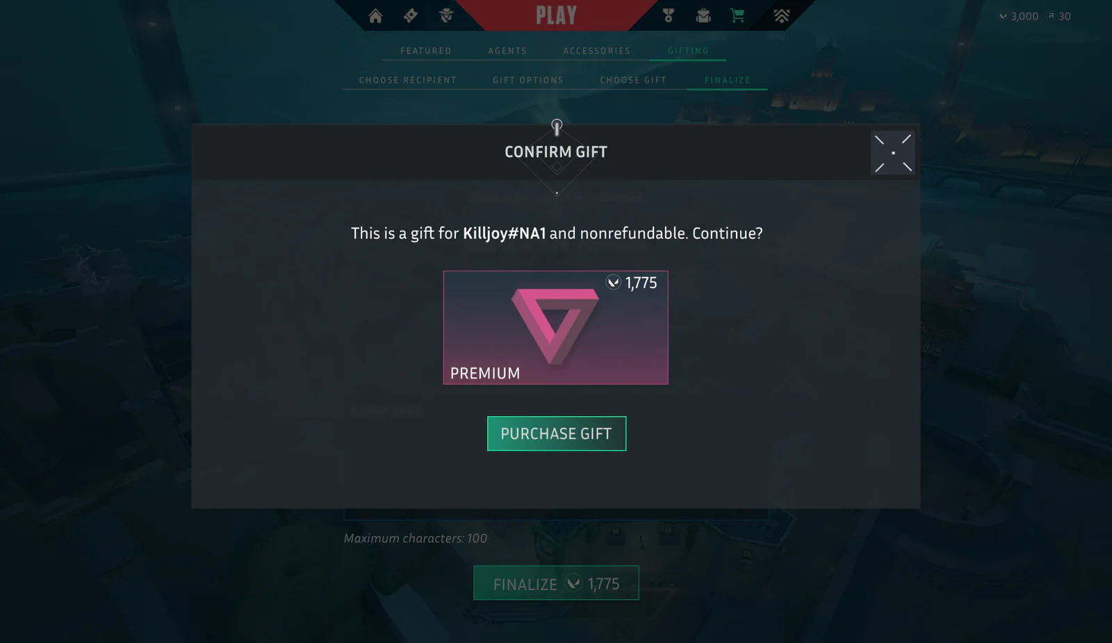 The concept's Confirm Gift warning: 'This is a gift for Killjoy#NA1 and nonrefundable. Continue?' above a Premium tier at 1,775 and a Purchase Gift button