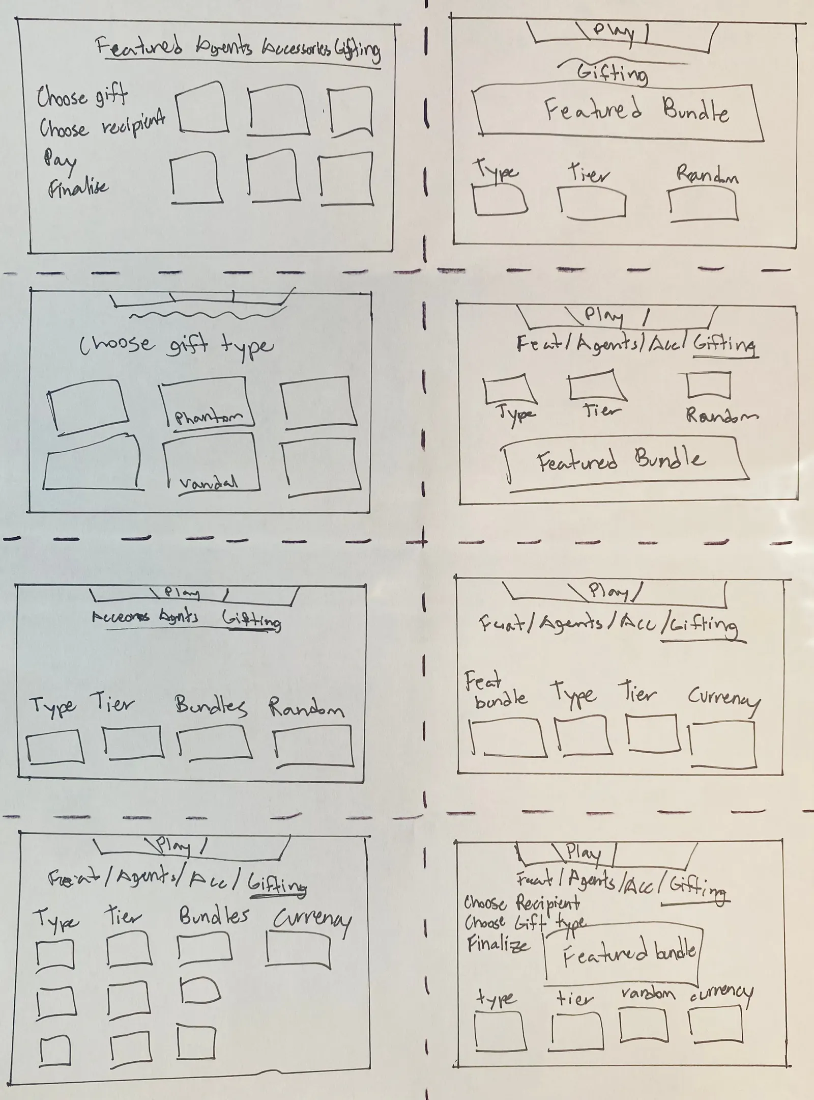 8 hand-drawn sketches of store and gifting screen layouts, with tabs for featured items, agents, accessories, and gifting, and rows of boxes for gift type, tier, bundles, and currency