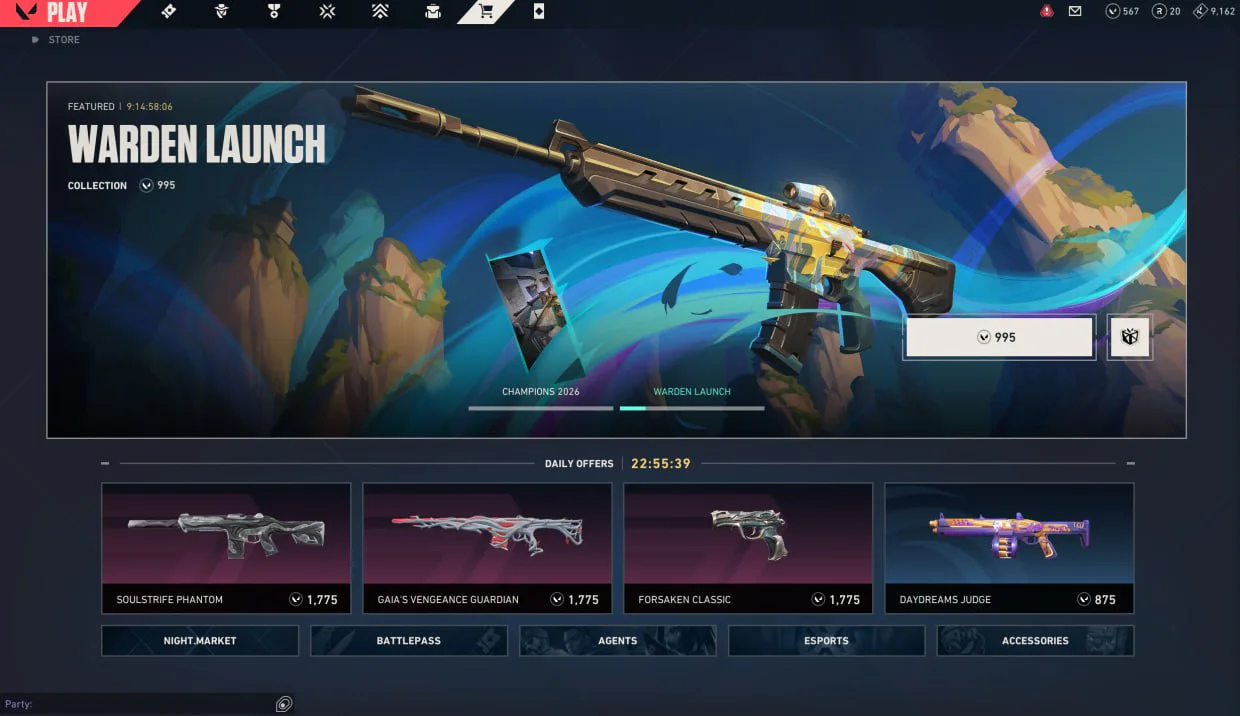 The VALORANT store with the Warden Launch collection featured, a gift button beside its price