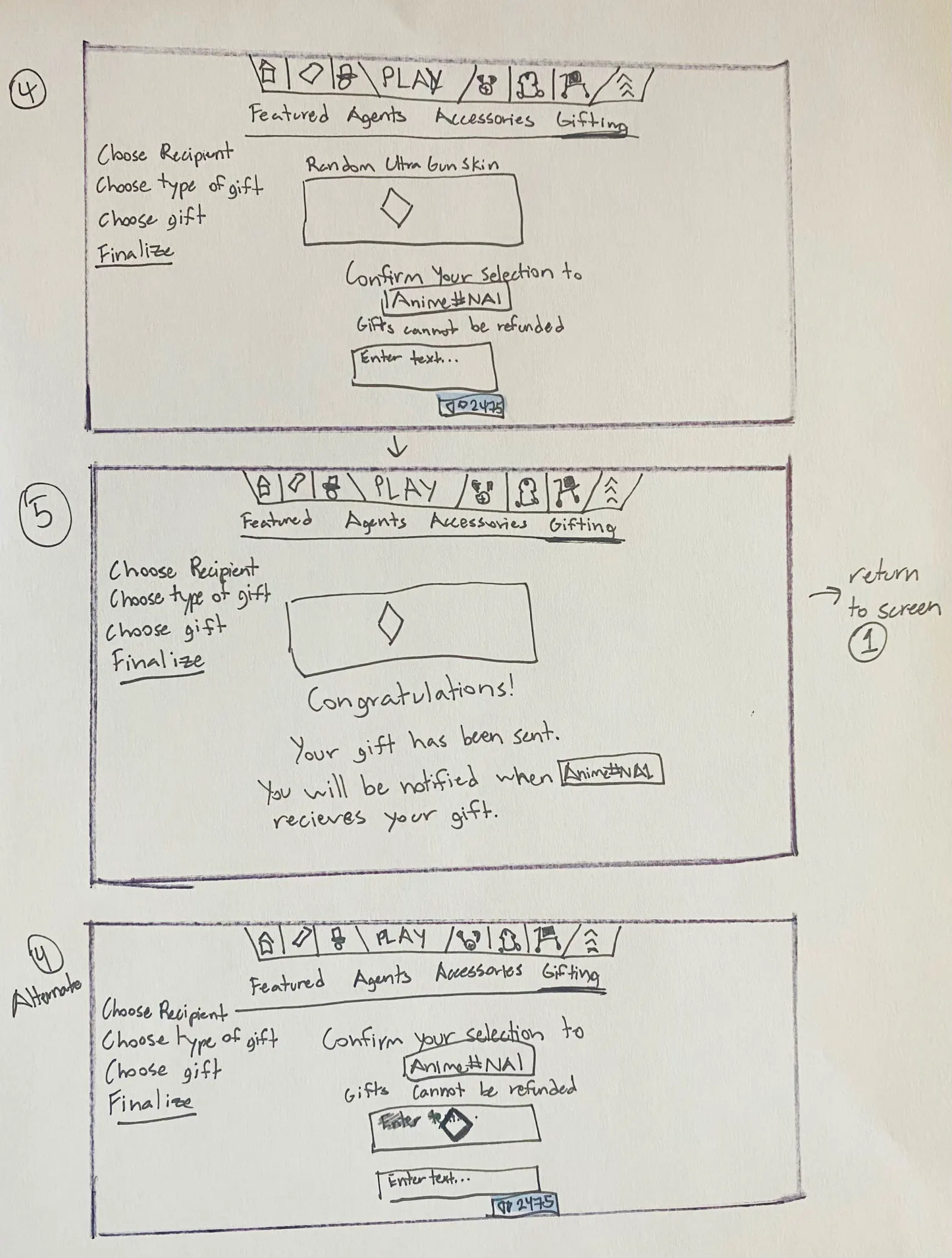 Hand-drawn storyboard panels 4 and 5 and an alternate panel 4: confirming the selected skin for a recipient with a note that gifts cannot be refunded, then a congratulations screen saying the gift has been sent